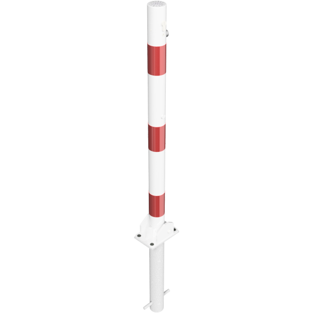 Barrier posts | Steel tube  60 x 2,5 mm | foldable | with Euro profile cylinder lock | for casting in concretewith ground socket part-no. 470.60approx. 400 mm below ground | hot-dip galvanized and white coatedwith three red reflecting stripes | without eyelet